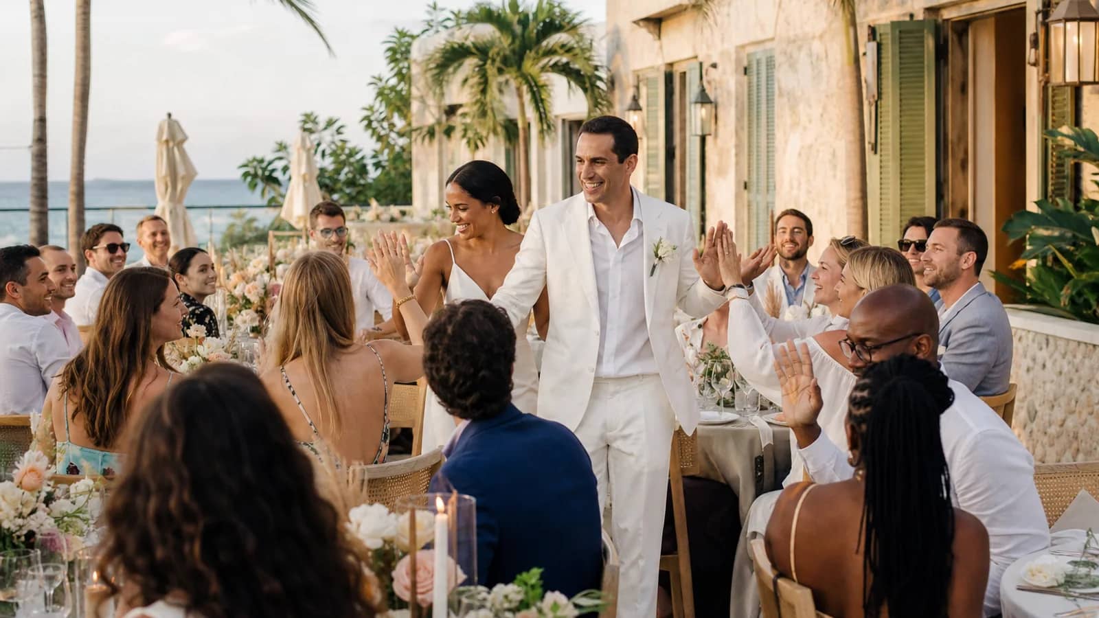 A couple celebrating with guests at an intimate Barbados boutique hotel wedding.