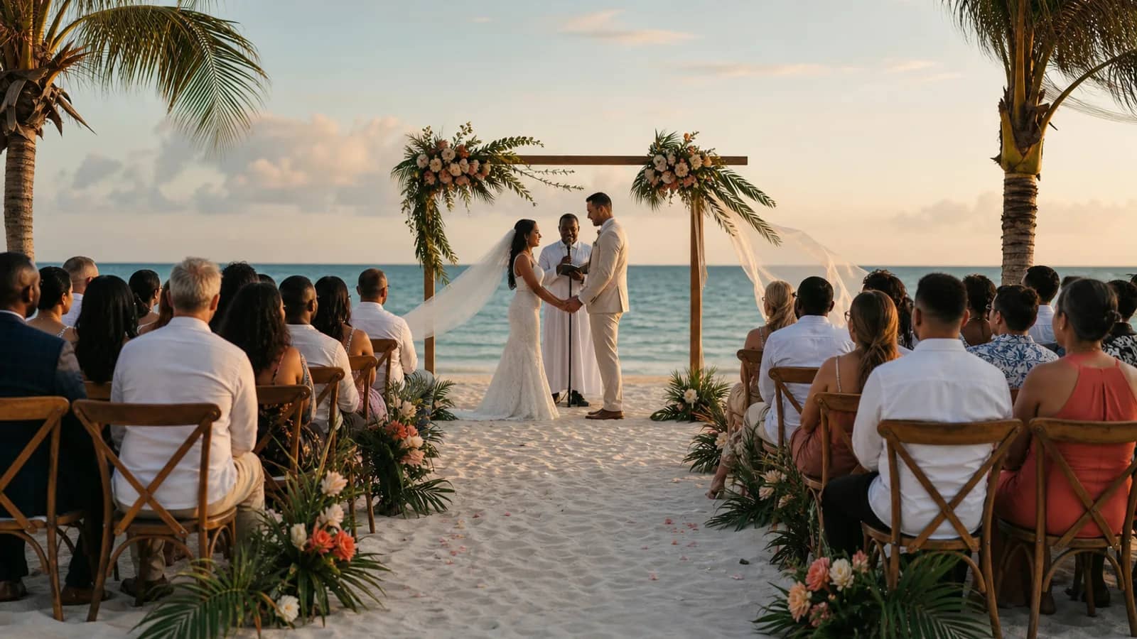 A couple exchanging vows at an intimate Caribbean beach ceremony at sunset.