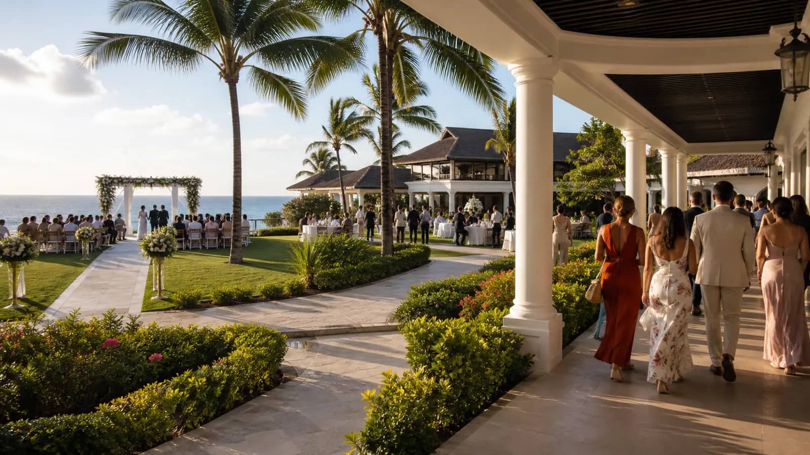 A Montego Bay resort wedding environment with guests moving through an integrated property, shown as an AI-generated visual reference.