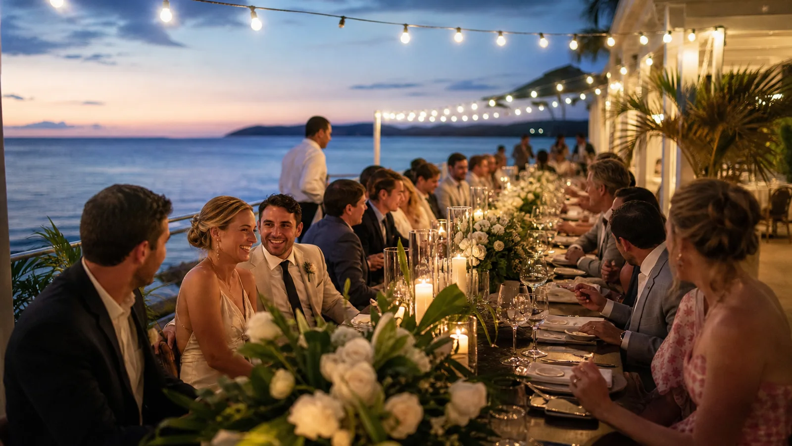 A newly married couple celebrating with guests at a candlelit Caribbean oceanfront reception.