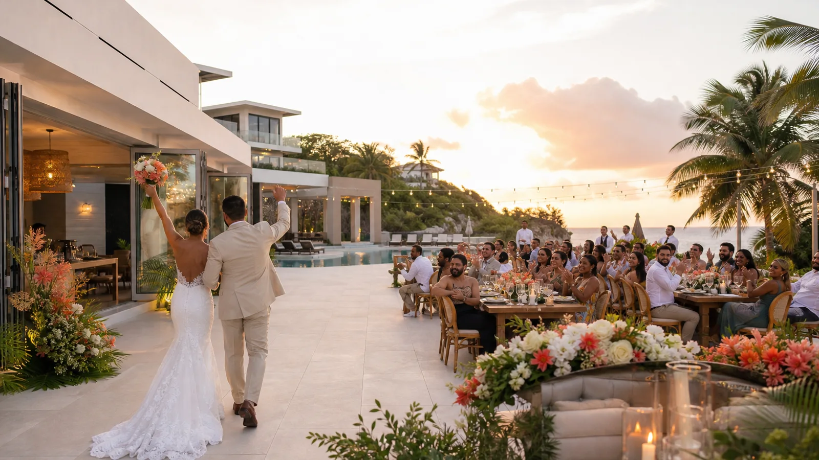 A newly married couple entering their private villa wedding reception in Jamaica.
