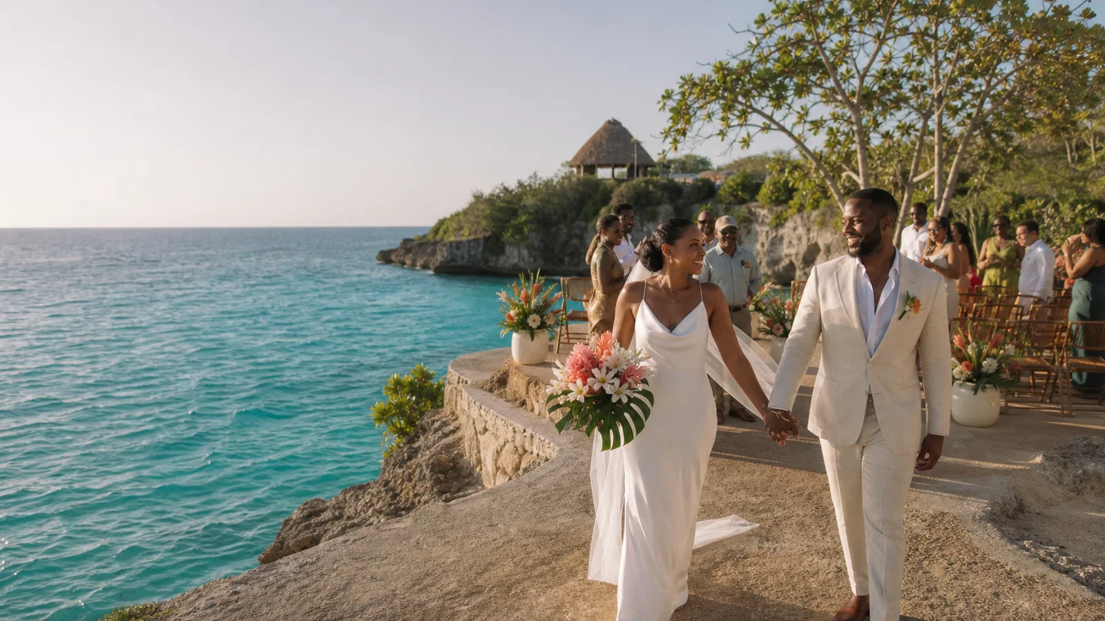 A newly married couple beside their Negril cliffside ceremony overlooking the Caribbean Sea.