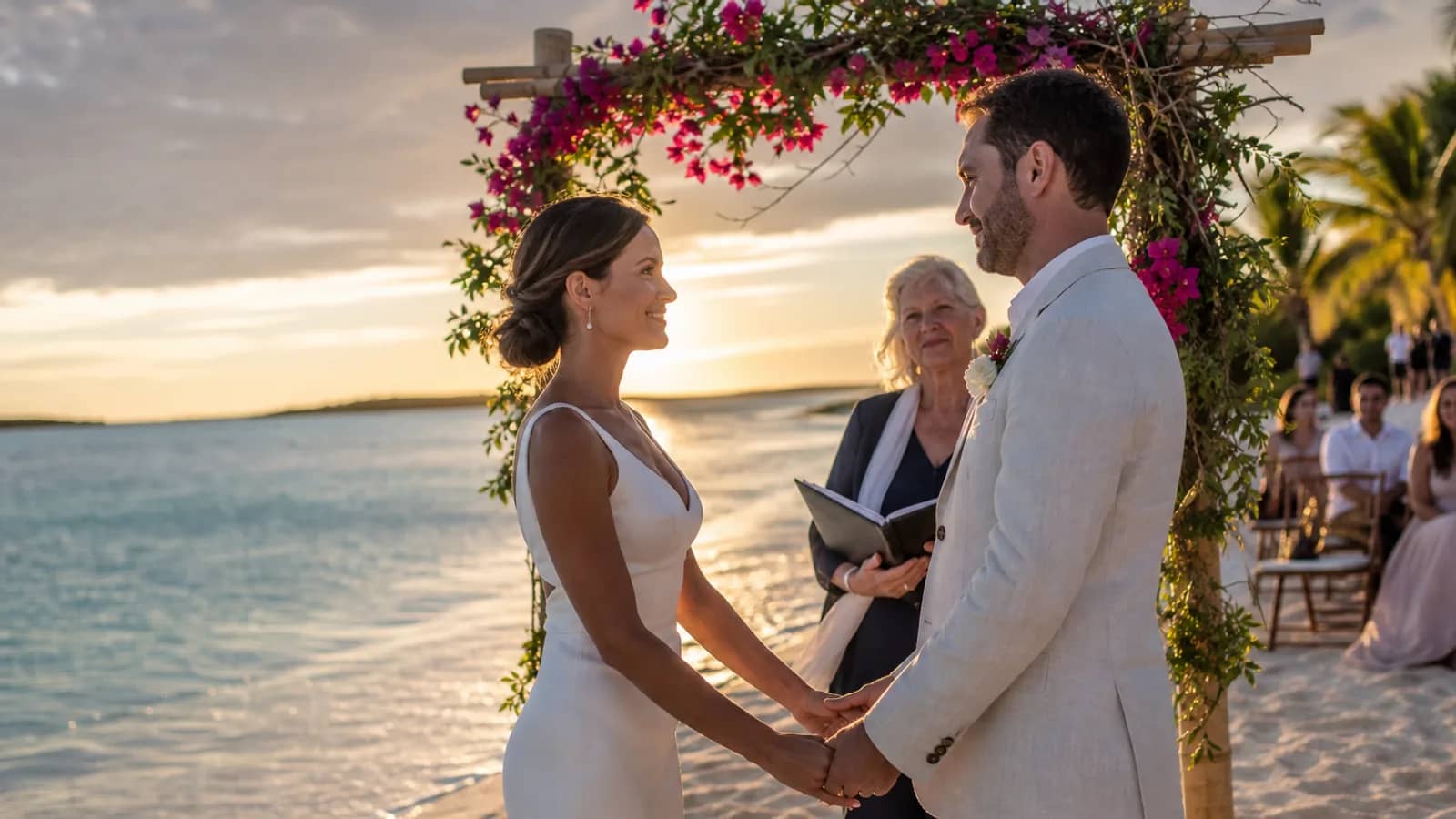 A Bahamas powder-sand beach wedding at sunset, shown as an AI-generated visual reference.