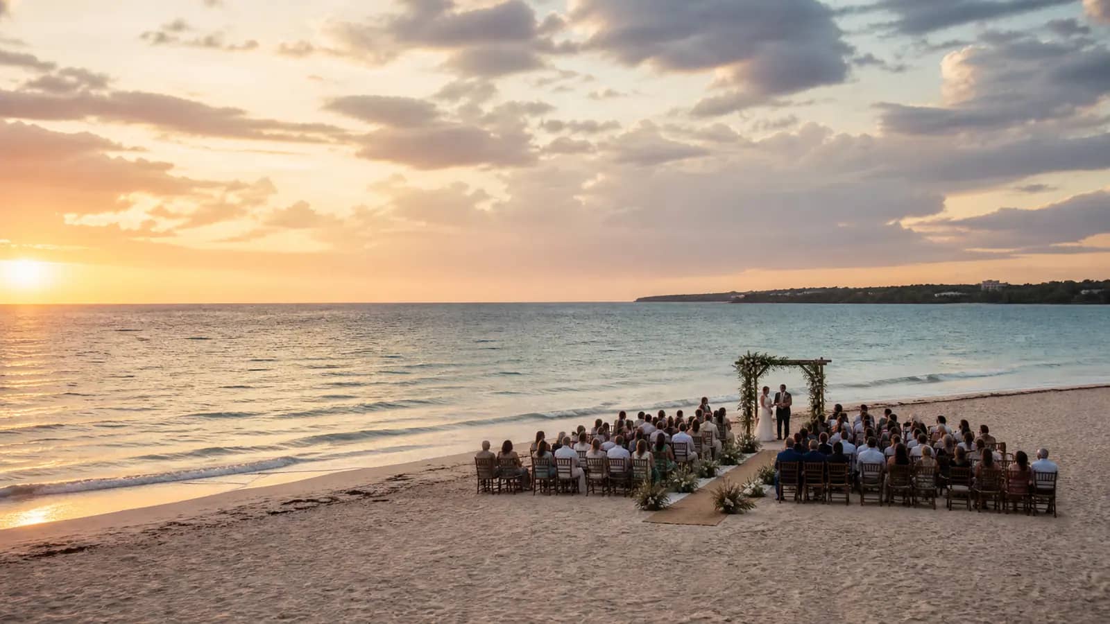 A Negril beach ceremony at sunset, shown as an AI-generated visual reference.