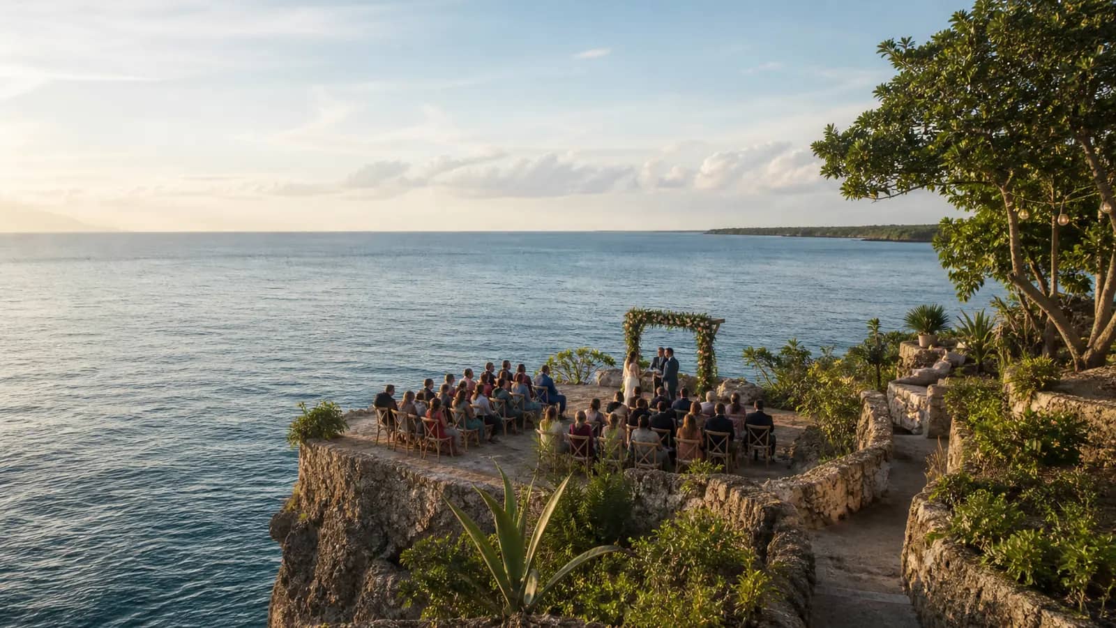 A Negril cliffside ceremony setting overlooking the sea, shown as an AI-generated visual reference.