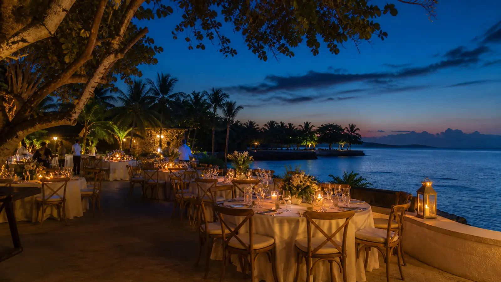 An Ocho Rios waterfront dinner reception at evening light, shown as an AI-generated visual reference.